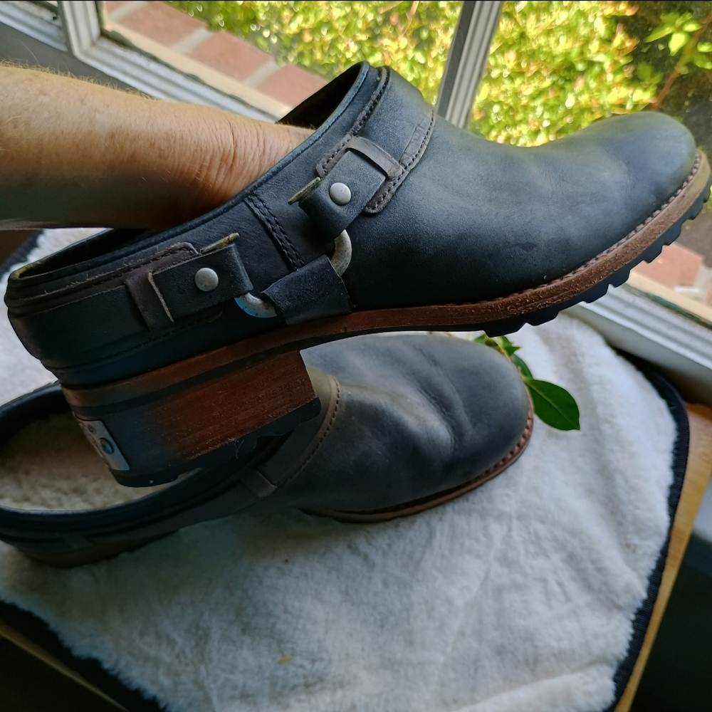 Distressed Black UGG Australia Leather & Wool Mules W Block Heal, Winter Mules